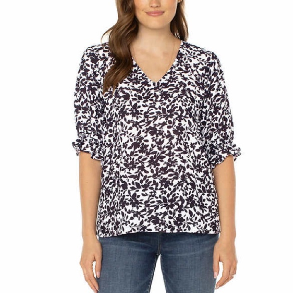WELL WORN V-NECK BALLOON SLEEVELESS BLACK & WHITE FLORAL BLOUSE SIZE SMALL NWT